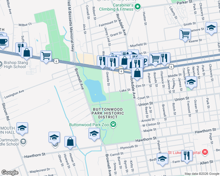 map of restaurants, bars, coffee shops, grocery stores, and more near 11 Jenny Lind Street in New Bedford