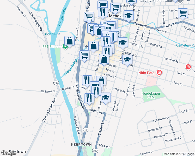 map of restaurants, bars, coffee shops, grocery stores, and more near 1088 Market Street in Meadville