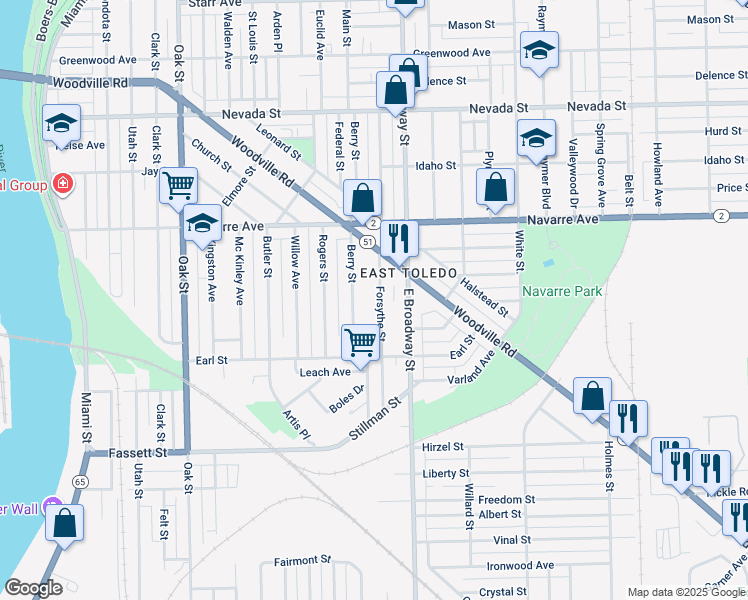 map of restaurants, bars, coffee shops, grocery stores, and more near 878 Forsythe Street in Toledo