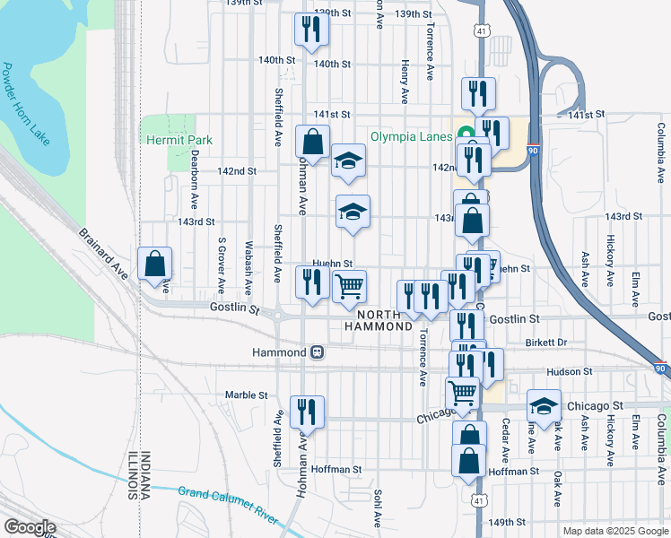 map of restaurants, bars, coffee shops, grocery stores, and more near 503 Huehn Street in Hammond
