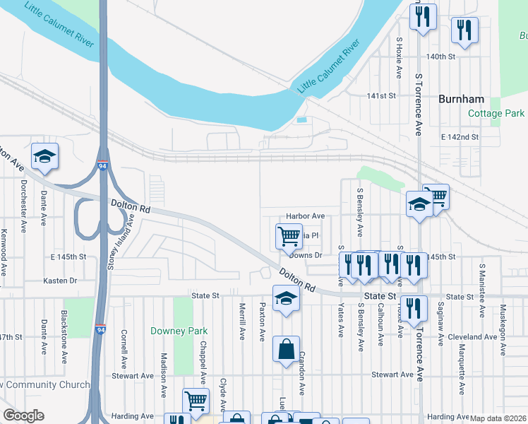 map of restaurants, bars, coffee shops, grocery stores, and more near 1728 Harbor Avenue in Calumet City