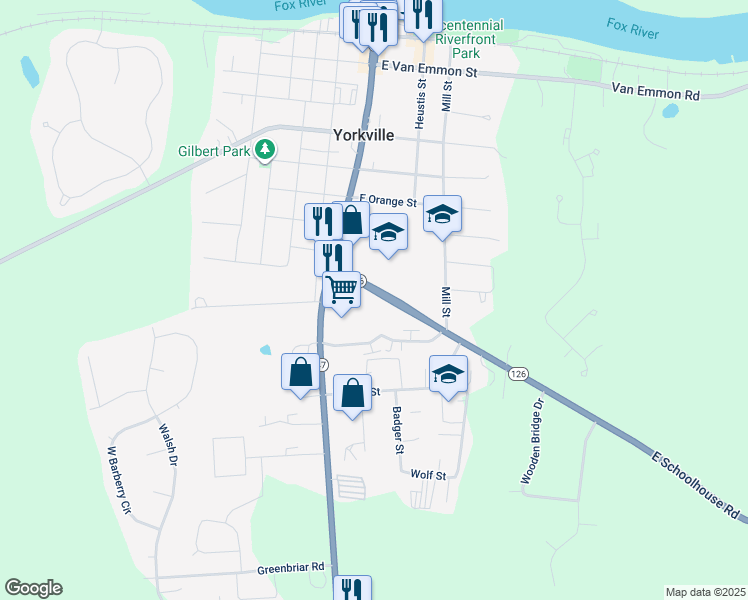 map of restaurants, bars, coffee shops, grocery stores, and more near 98 East Schoolhouse Road in Yorkville