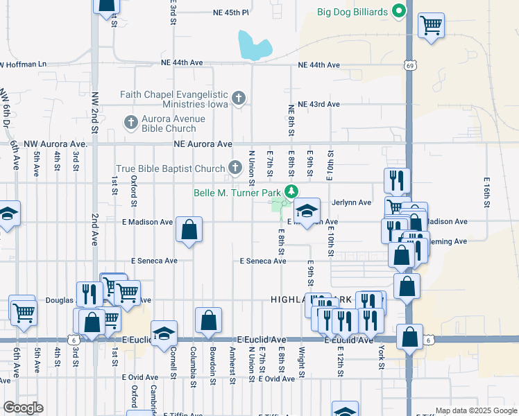 map of restaurants, bars, coffee shops, grocery stores, and more near 4024 North Union Street in Des Moines
