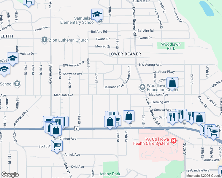 map of restaurants, bars, coffee shops, grocery stores, and more near 3813 Marianna Trail in Des Moines
