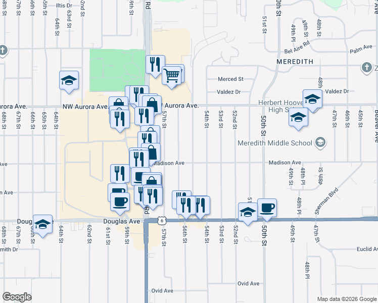 map of restaurants, bars, coffee shops, grocery stores, and more near 4025 56th Street in Des Moines