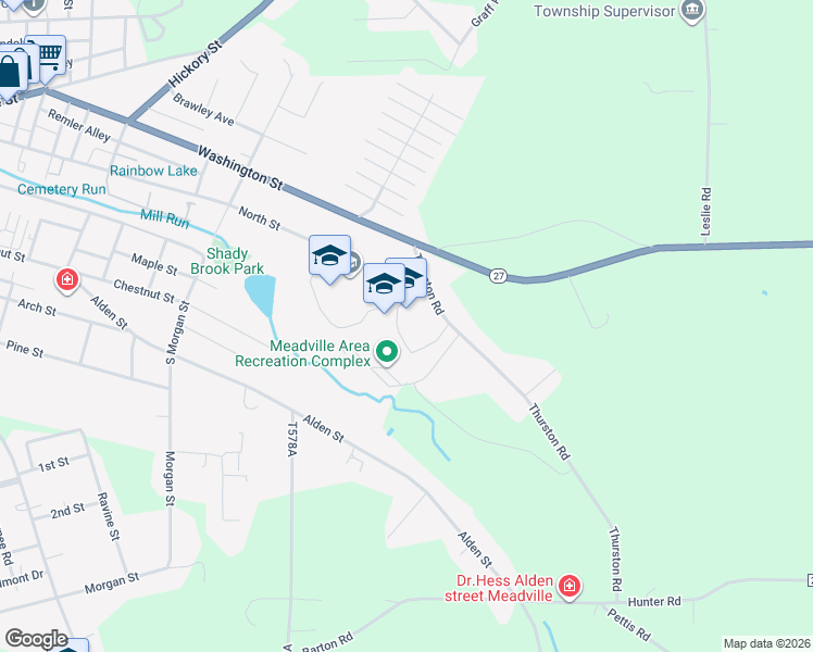 map of restaurants, bars, coffee shops, grocery stores, and more near 860 Thurston Road in Meadville