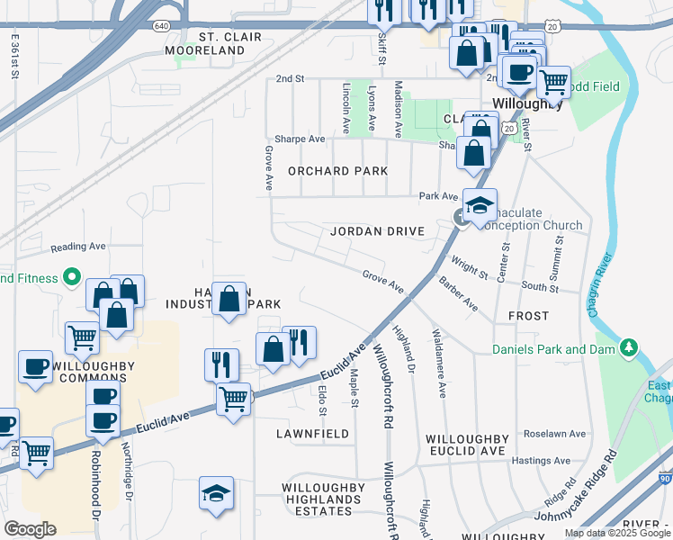 map of restaurants, bars, coffee shops, grocery stores, and more near 37508 Grove Avenue in Willoughby