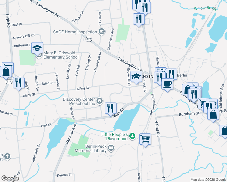 map of restaurants, bars, coffee shops, grocery stores, and more near 54 Parish Drive in Berlin