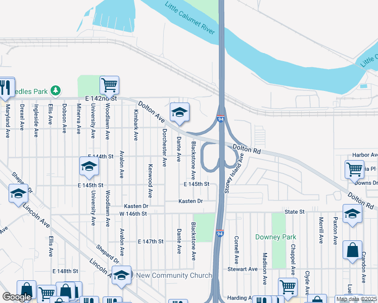 map of restaurants, bars, coffee shops, grocery stores, and more near 14325 Blackstone Avenue in Dolton