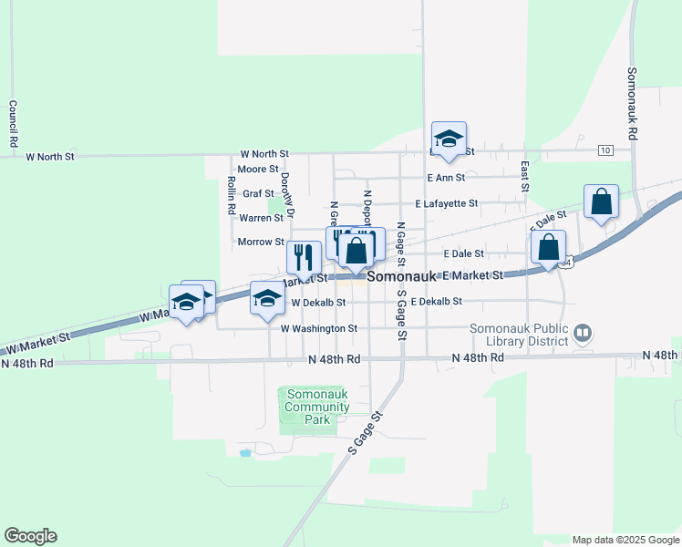 map of restaurants, bars, coffee shops, grocery stores, and more near 140 West Market Street in Somonauk