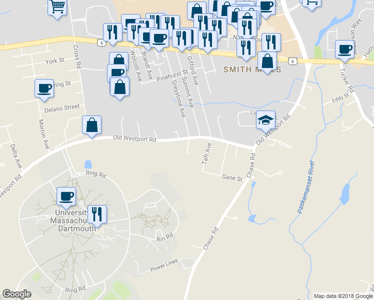 map of restaurants, bars, coffee shops, grocery stores, and more near 6 Rockville Avenue in Dartmouth