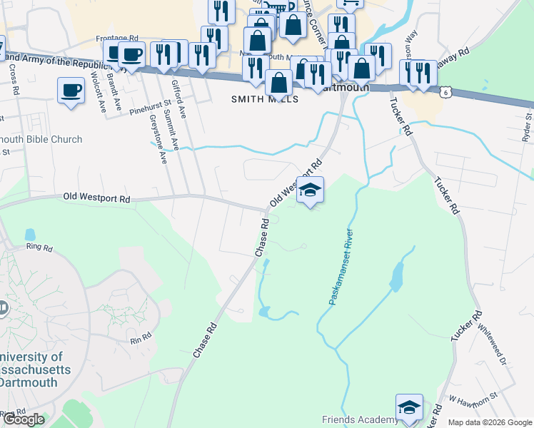 map of restaurants, bars, coffee shops, grocery stores, and more near 0 Chase Road in Dartmouth