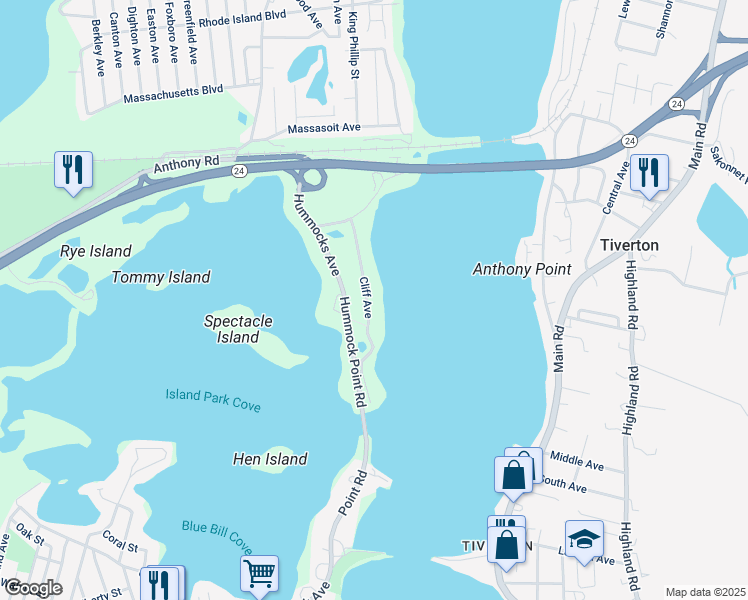 map of restaurants, bars, coffee shops, grocery stores, and more near 98 Cliff Avenue in Portsmouth