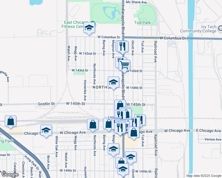 map of restaurants, bars, coffee shops, grocery stores, and more near 910-998 West 144th Street in East Chicago