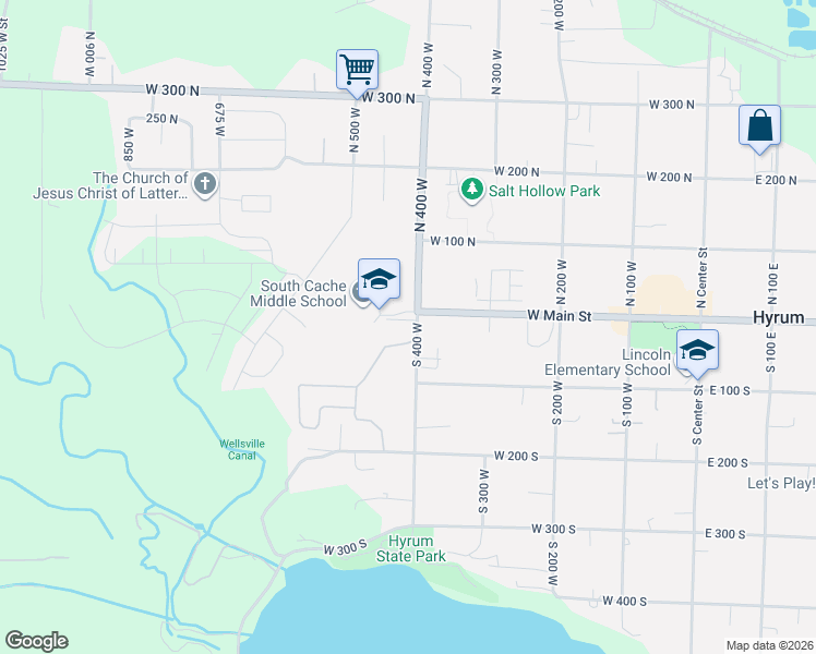 map of restaurants, bars, coffee shops, grocery stores, and more near 14 South 400 West in Hyrum