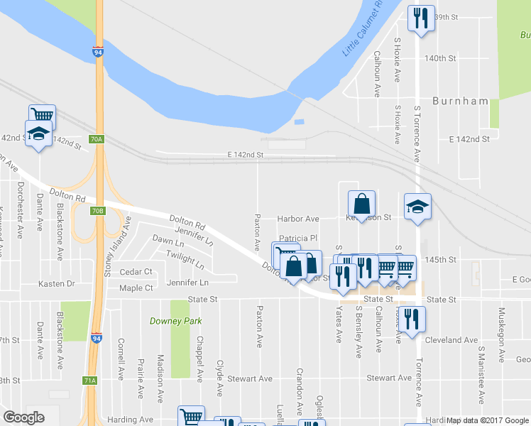 map of restaurants, bars, coffee shops, grocery stores, and more near 1728 Harbor Avenue in Calumet City