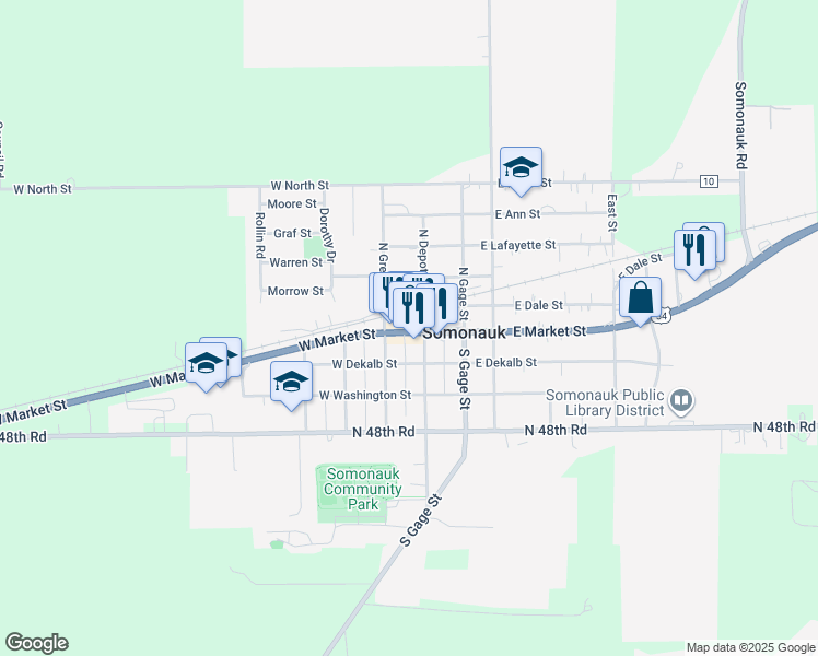 map of restaurants, bars, coffee shops, grocery stores, and more near 120 West Market Street in Somonauk