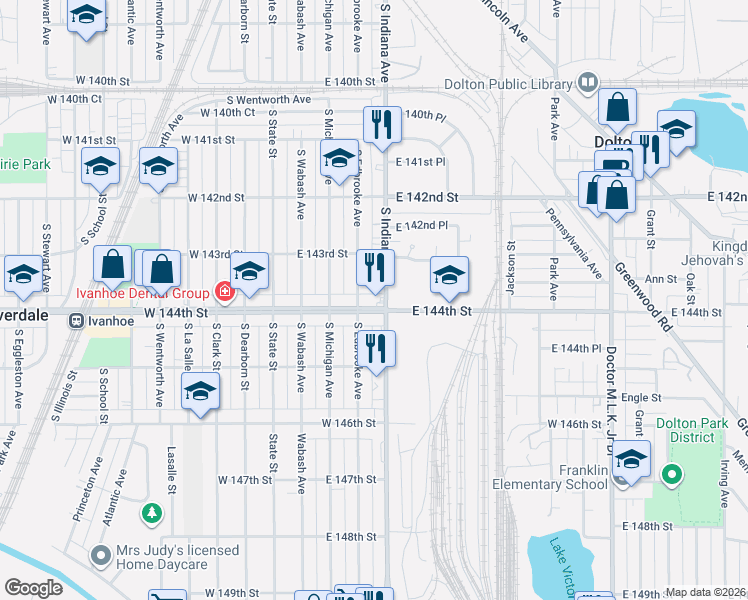 map of restaurants, bars, coffee shops, grocery stores, and more near 14344 South Indiana Avenue in Riverdale