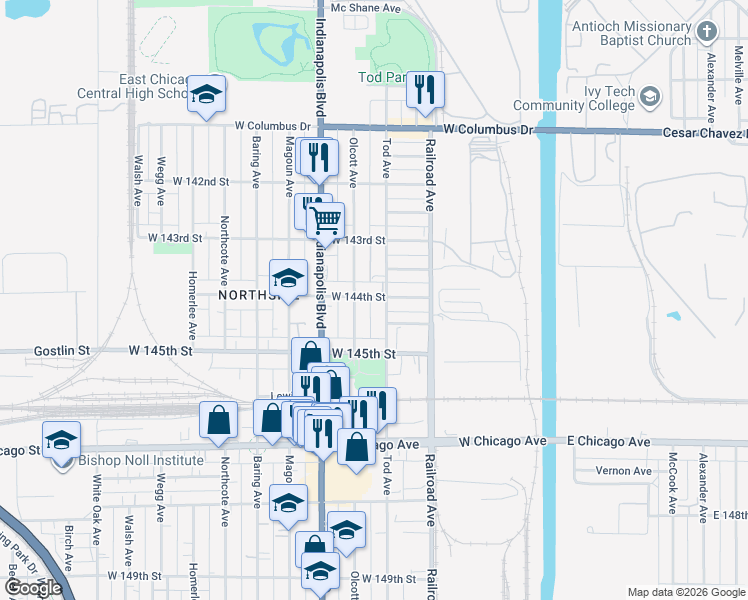 map of restaurants, bars, coffee shops, grocery stores, and more near 607 West 144th Street in East Chicago
