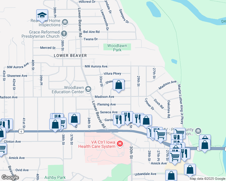map of restaurants, bars, coffee shops, grocery stores, and more near 4013 Lawnwoods Drive in Des Moines
