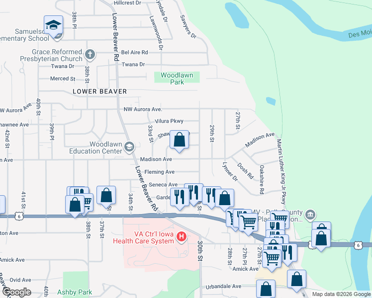 map of restaurants, bars, coffee shops, grocery stores, and more near 3024 Lawnview Drive in Des Moines