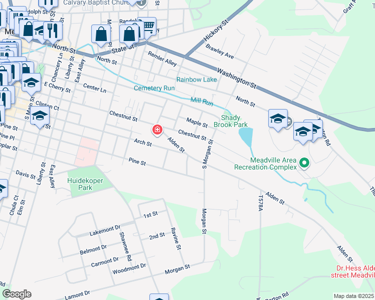 map of restaurants, bars, coffee shops, grocery stores, and more near 703 Alden Street in Meadville