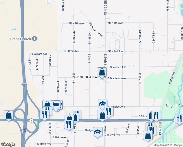 map of restaurants, bars, coffee shops, grocery stores, and more near 4015 East 28th Street in Des Moines