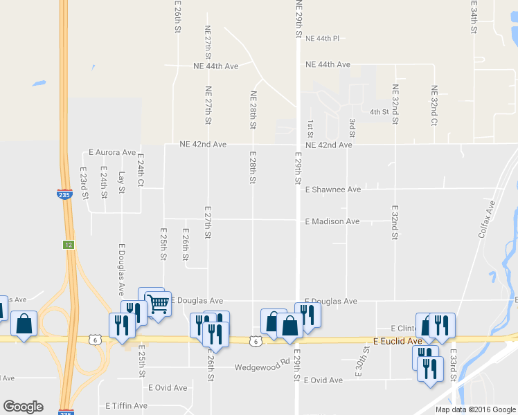 map of restaurants, bars, coffee shops, grocery stores, and more near 4015 East 28th Street in Des Moines