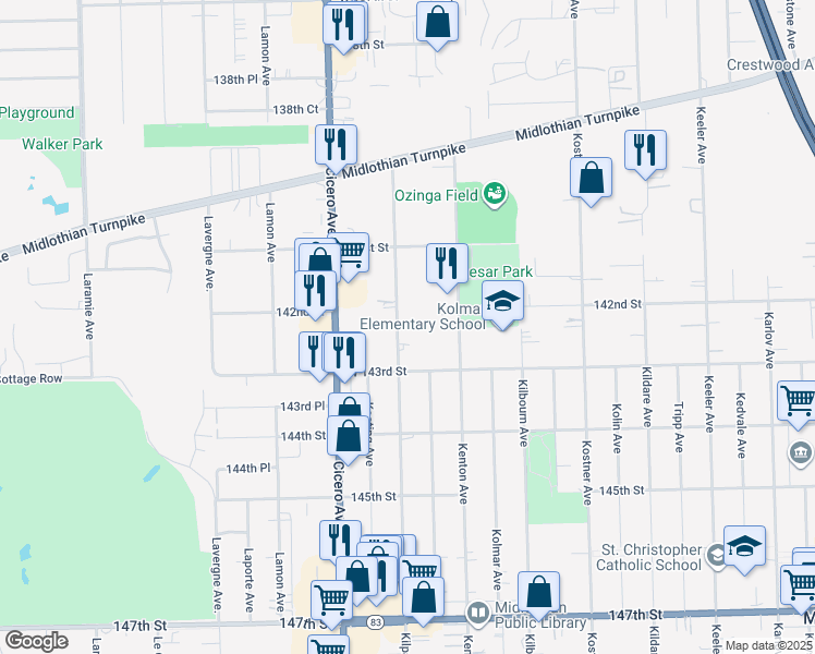 map of restaurants, bars, coffee shops, grocery stores, and more near 14211 Kilpatrick Avenue in Midlothian