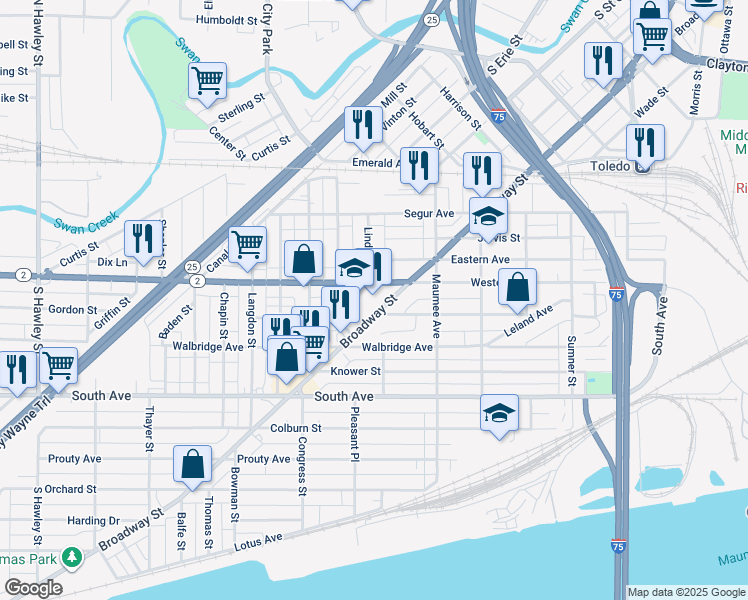 map of restaurants, bars, coffee shops, grocery stores, and more near 575 Western Avenue in Toledo