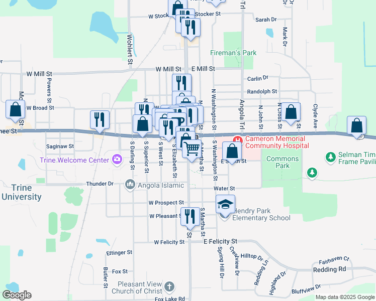 map of restaurants, bars, coffee shops, grocery stores, and more near 201 South Wayne Street in Angola