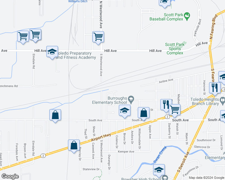 map of restaurants, bars, coffee shops, grocery stores, and more near 2514 Airline Avenue in Toledo