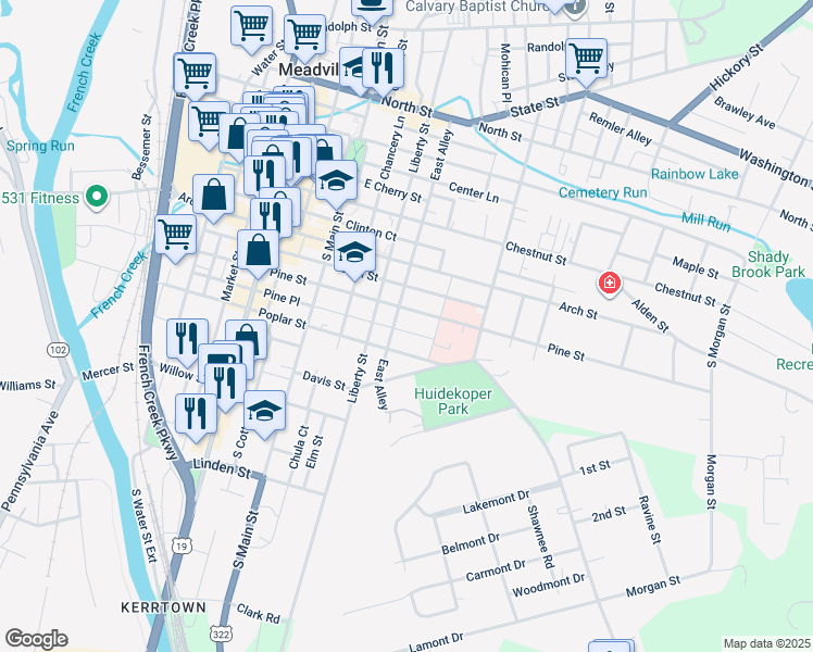 map of restaurants, bars, coffee shops, grocery stores, and more near 43402 Pine Street in Meadville