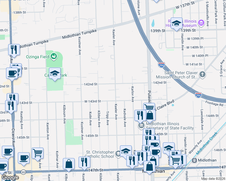 map of restaurants, bars, coffee shops, grocery stores, and more near 14220 Keeler Avenue in Crestwood