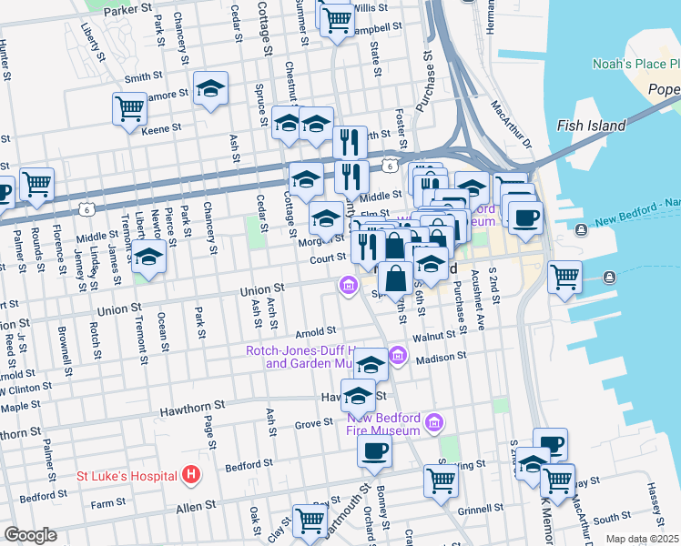 map of restaurants, bars, coffee shops, grocery stores, and more near 443 County Street in New Bedford