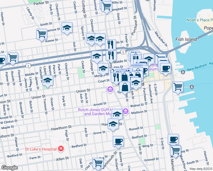 map of restaurants, bars, coffee shops, grocery stores, and more near 7 North Orchard Street in New Bedford