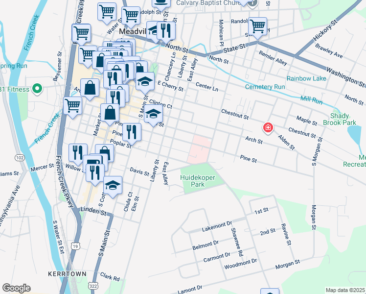 map of restaurants, bars, coffee shops, grocery stores, and more near 43402 Pine Street in Meadville