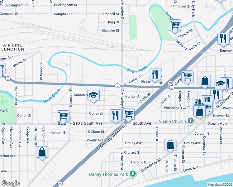 map of restaurants, bars, coffee shops, grocery stores, and more near 1116 Gordon Street in Toledo