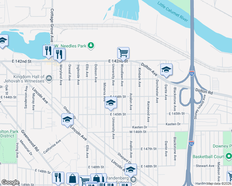 map of restaurants, bars, coffee shops, grocery stores, and more near 14336 University Avenue in Dolton