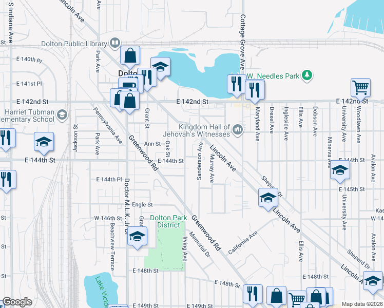 map of restaurants, bars, coffee shops, grocery stores, and more near 14334 Sanderson Avenue in Dolton