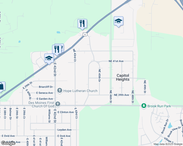 map of restaurants, bars, coffee shops, grocery stores, and more near 4060 Northeast 45th Drive in Des Moines