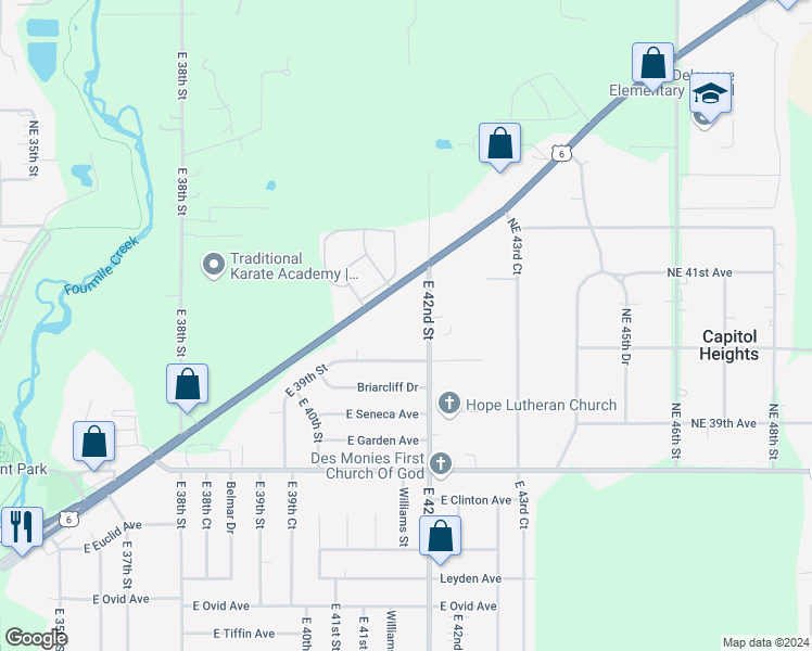 map of restaurants, bars, coffee shops, grocery stores, and more near in Des Moines