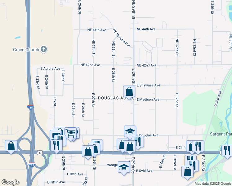 map of restaurants, bars, coffee shops, grocery stores, and more near 4015 East 28th Street in Des Moines