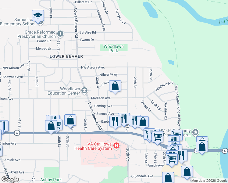 map of restaurants, bars, coffee shops, grocery stores, and more near 3024 Lawnview Drive in Des Moines