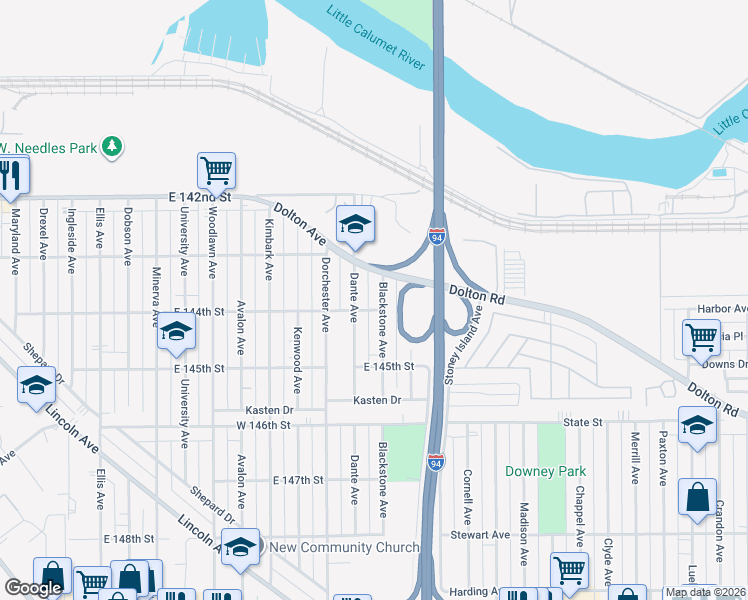 map of restaurants, bars, coffee shops, grocery stores, and more near 14340 Blackstone Avenue in Dolton