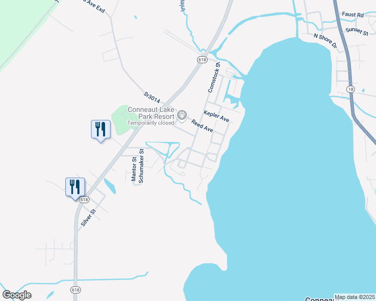 map of restaurants, bars, coffee shops, grocery stores, and more near 54793 Comstock Street in Conneaut Lake
