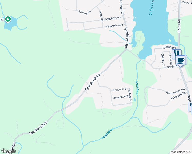 map of restaurants, bars, coffee shops, grocery stores, and more near 1244 Spindle Hill Road in Wolcott