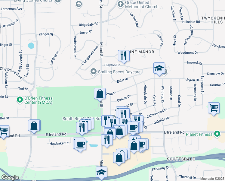 map of restaurants, bars, coffee shops, grocery stores, and more near 1133 Byron Drive in South Bend