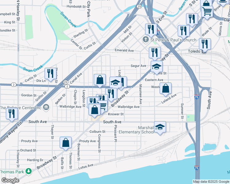 map of restaurants, bars, coffee shops, grocery stores, and more near 617 Western Avenue in Toledo