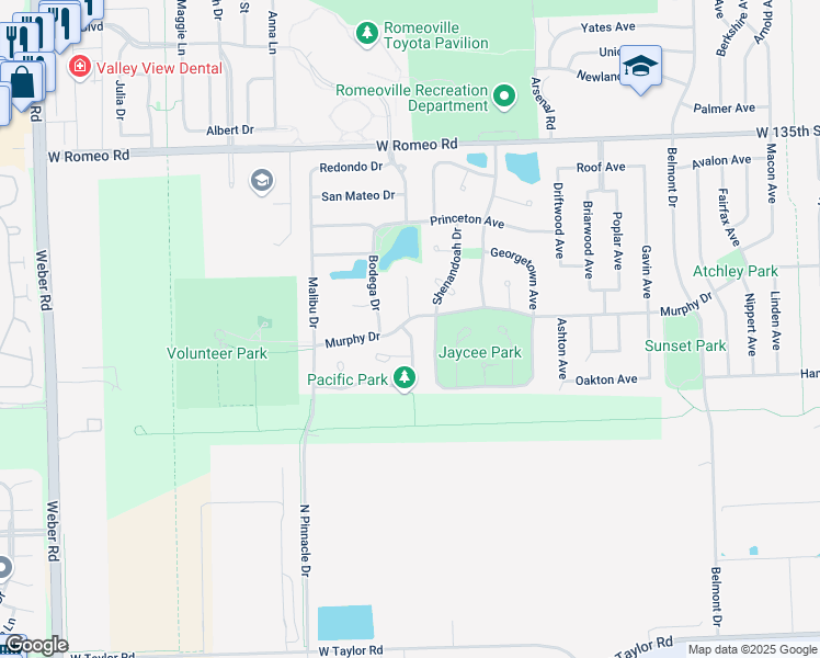 map of restaurants, bars, coffee shops, grocery stores, and more near 217 Key Largo Drive in Romeoville
